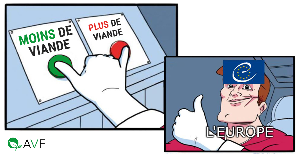 Image humouristique montrant un personnage représentant l'Europe (UE) appuyant à la fois sur un bouton pour moins de viande et un bouton pour plus de viande.