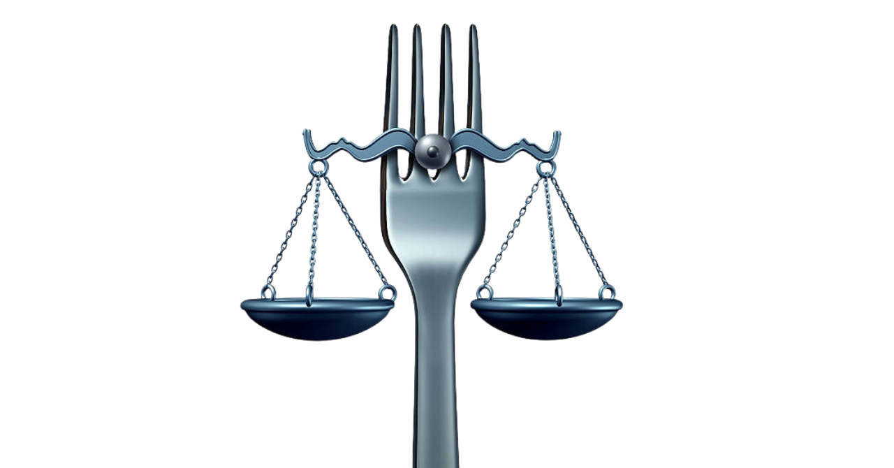 Une fourchette dont une balance de la justice est accrochée en son centre.