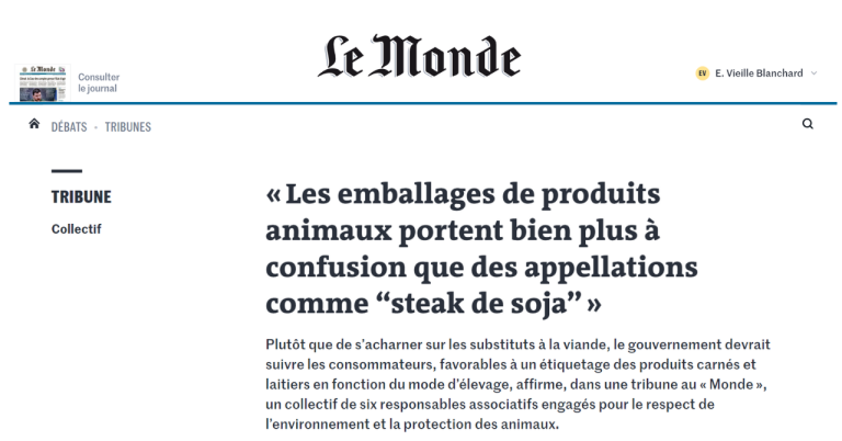 Capture d'écran de la tribune dans Le Monde intitulée « Les emballages de produits animaux portent bien plus à confusion que des appellations comme 'steak de soja' ».